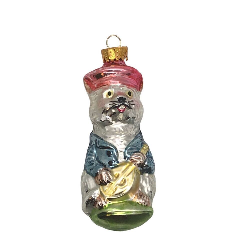 Old World Glass Radko Style Holiday Ornament Animal with Instrument Bear and Gui